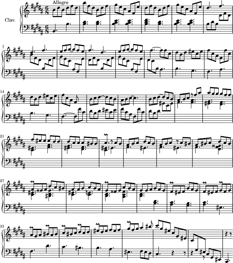 \version "2.18.2"
\header {
tagline = ##f
% composer = "Domenico Scarlatti"
% opus = "K. 245"
% meter = "Allegro"
}
%% les petites notes
trillCisp = { \tag #'print { cis4.\prall } \tag #'midi { dis32 cis dis cis~ \tempo 4. = 66 cis4 \tempo 4. = 120 } }
trillAisq = { \tag #'print { ais8\prall } \tag #'midi { \times 2/3 { ais16 bis ais } } }
trillGisq = { \tag #'print { gis8\prall } \tag #'midi { \times 2/3 { gis16 ais gis } } }
trillFisq = { \tag #'print { fis8\prall } \tag #'midi { \times 2/3 { fis16 gis fis } } }
trillBisq = { \tag #'print { bis8\prall } \tag #'midi { \times 2/3 { bis16 cis bis } } }
trillCisq = { \tag #'print { cis8\prall } \tag #'midi { \times 2/3 { cis16 dis cis } } }
trillDisq = { \tag #'print { dis8\prall } \tag #'midi { \times 2/3 { dis16 eis dis } } }
trillEisq = { \tag #'print { eis8\prall } \tag #'midi { \times 2/3 { eis16 fis eis } } }
upper = \relative c'' {
\clef treble
\key b \major
\time 6/8
\tempo 4. = 120
s8*0^\markup{Allegro}
b8 dis b dis fis dis | b' fis dis b dis fis | gis e cis ais fis e' | dis fis dis b dis fis | gis e cis ais fis e' |
% ms. 6
\stemUp \repeat unfold 2 { dis4. fis } | e8 fis gis~ gis fis e | fis4. dis | e8 fis gis~ gis fis e \stemNeutral |
% ms. 11
fis4.~ fis8 fis cis | dis b dis eis cis eis | fis cis ais fis fis' cis | dis b dis eis cis eis | fis cis ais fis8 s4
% ms. 16
b8 cis dis~ dis cis b | ais b cis~ cis4. | b8 cis dis~ \stemUp dis cis b | ais b cis r8 fis ais | ais gis gis gis fis fis |
% ms. 21
fis8 eis eis eis dis dis | dis cis cis cis bis bis | \trillCisp r8 cis8 b | ais b cis dis cis b | ais b cis r8 cis8 bis |
% ms. 26
ais8 bis cis dis cis bis | \trillAisq gisis8 ais dis cis bis| ais ais b cis b ais | \trillGisq fisis8 gis cis b ais | gis gis ais b ais gis |
% ms. 31
\trillFisq eis8 fis b ais gis | \trillFisq eis8 fis \trillGisq fis8 gis | \trillAisq gis8 ais \trillBisq ais bis | \trillCisq bis8 cis \trillDisq cis dis | \trillEisq dis eis fis eis fis |
% ms. 36
\trillGisq fis gis ais4 bis8 cis8 gis eis cis gis eis | cis \stemUp \change Staff = "lower" gis eis \change Staff = "upper" s4. | r4 r8
}
lower = \relative c' {
\clef bass
\key b \major
\time 6/8
% ************************************** \appoggiatura a16 \repeat unfold 2 { } \times 2/3 { } \omit TupletNumber
b,4. b' | < b dis > q | < b cis e > q | < b dis fis > < b dis > | < b cis e > q |
% ms. 6
b8 dis b \stemDown \change Staff = "upper" dis fis dis |
b' \stemDown \change Staff = "upper" fis dis \stemUp \change Staff = "lower" |
b \stemDown \change Staff = "upper" dis fis |
gis e cis \stemUp \change Staff = "lower" ais fis \stemDown \change Staff = "upper" e' |
dis fis dis \stemUp \change Staff = "lower" b \stemDown \change Staff = "upper" dis fis | gis e cis \stemUp \change Staff = "lower" ais fis \stemDown \change Staff = "upper" e' |
% ms. 11
dis8 cis \stemDown \change Staff = "lower" b \stemNeutral ais4. | b gis | fis ais | b gis | fis4.~ fis8 fis' cis |
% ms. 16
dis8 b dis eis cis eis | fis cis ais fis fis' cis | dis b dis \stemDown \change Staff = "upper" eis cis eis | fis4. \repeat unfold 2 { < fis ais > | < eis gis > < dis fis > |
% ms. 21
< cis eis >4. } eis4. | \repeat unfold 2 { fis eis }
% ms. 26
fis4. < dis fis gisis > | < cis eis > < bis dis gisis > | < cis eis > < cis e > | < b dis > < ais cis fisis > | < b dis > \stemNeutral \change Staff = "lower" < b dis >4.
% ms. 31
< ais cis >4. < gis b > | < ais cis > eis4. | fis dis' | cis bis | b ais |
% ms. 36
eis4. fis8 eis dis | cis4. r4 r8 | r4 r8 cis8 gis eis | cis4.
}
thePianoStaff = \new PianoStaff <<
\set PianoStaff.instrumentName = #"Clav."
\new Staff = "upper" \upper
\new Staff = "lower" \lower
>>
\score {
\keepWithTag #'print \thePianoStaff
\layout {
#(layout-set-staff-size 17)
\context {
\Score
\override TupletBracket.bracket-visibility = ##f
\override SpacingSpanner.common-shortest-duration = #(ly:make-moment 1/2)
\remove "Metronome_mark_engraver"
}
}
}
\score {
\keepWithTag #'midi \thePianoStaff
\midi { \set Staff.midiInstrument = #"harpsichord" }
}
