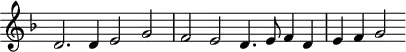 \header {
tagline = ##f
}
\score {
\new Staff \with {
\remove "Time_signature_engraver"
}
<<
\relative c' {
\key f \major
%\clef bass
\time 4/2
\override TupletBracket #'bracket-visibility = ##f
%%% f° 43v
d2. d4 e2 g f e d4. e8 f4 d e f g2
}
>>
\layout {
\context { \Score \remove "Metronome_mark_engraver" }
}
\midi {}
}