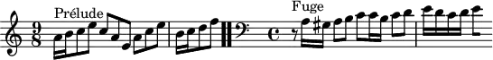 
\version "2.18.2"
\header {
  tagline = ##f
}

\score {
  \new Staff \with {
%fontSize = #-2
  }
<<
  \relative c'' {
    \key a \minor
    \time 9/8
	\set Staff.midiInstrument = #"harpsichord" 

     %% INCIPIT CBT I-20, BWV 865, la mineur
     s4*0^\markup{Prélude} a16 b c8 e c a e a c e \once \override Staff.TimeSignature #'stencil = ##f \time 3/8 b16 c d8 f \bar ".."

     \skip 8*1
     \override Staff.Clef.extra-offset = #'( -1 . 0 )
     \time 4/4 
     \clef bass 
     \partial 1
     r8^\markup{Fuge} a,,16 gis a8 b c c16 b c8 d e16 d c d 
{ 
 % suppression des warnings :
 #(ly:set-option 'warning-as-error #f)
 #(ly:expect-warning (_ "stem does not fit in beam")) %% <= à traduire éventuellement
 #(ly:expect-warning (_ "beam was started here")) %% <= à traduire éventuellement
  \set stemRightBeamCount = #1
  e4*1/2[ s]
}

  }
>>
  \layout {
     \context { \Score \remove "Metronome_mark_engraver" 
     \override SpacingSpanner.common-shortest-duration = #(ly:make-moment 1/2) 
}
  }
  \midi {}
}
