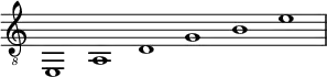 \new Staff \with { midiInstrument = "acoustic guitar (nylon)" \remove "Time_signature_engraver"} {\time 6/1\clef "G_8" {e,1 a, d g b e'}}
\midi {
\context {
\Score
tempoWholesPerMinute = #(ly:make-moment 100 2)
}}