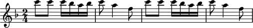 \header {
tagline = ##f
}
\score {
\new Staff \with {
}
<<
\relative c'' {
\key f \major
\time 2/4
\override TupletBracket #'bracket-visibility = ##f
%\autoBeamOff
%%%%%%%%%%%%%%%%%%%%%%%%%% K33b
c'8 c c16 bes a bes c8 a4 f8 c' c c16 bes a bes c8 a4 f8
}
>>
\layout {
\context {
\remove "Metronome_mark_engraver"
}
}
\midi {}
}