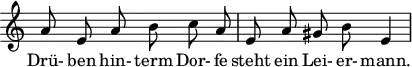 \header {
tagline = ##f
}
\score {
\new Staff \with {
\remove "Time_signature_engraver"
}
<<
\relative c'' {
\key a \minor
\time 3/4
\set Score.currentBarNumber = #9
\override TupletBracket #'bracket-visibility = ##f
\autoBeamOff
%%%%%%%%%%%%%%%%%%%%%%%%%% no 24 Der Leiermann
a8 e a b c a | e a gis b e,4 |
}
\addlyrics {
Drü- ben hin- term Dor- fe steht ein Lei- er- mann.
}
>>
\layout {
\context {
\remove "Metronome_mark_engraver"
}
}
\midi {}
}