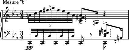 \new PianoStaff <<
\new Staff = "right" <<
\relative c'' {
\key ees \major
\time 3/4
\times 8/9{a32 c32 ees32 fis32 a32 fis32 ees32 c32 a32} <c, ees fis-> a>8. <a>16 r4
}
>>
\new Staff = "left" {
\clef bass <<
\relative c, {
\key ees \major
\time 3/4
c32\pp c'32 c,32 c'32 c,32 c'32 c,32 c'32 c,8 r8 <<{\voiceOne <c' ees fis-> a>8. <a>16}\new Voice {\voiceTwo c,8 r8}>>
}
>>
}
>>
\header {
piece = "Mesure ''b''"
}