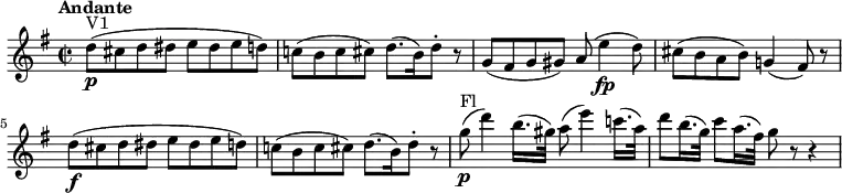 << \new Staff
\relative c'' {
\version "2.18.2"
\key g \major
\tempo "Andante"
\time 2/2
\tempo 4 = 80
d8\p ^\markup {V1} (cis d dis e dis e d)
c! (b c cis) d8. (b16) d8-. r
g, (fis g gis) a (e'4\fp d8)
cis (b a b) g!4 (fis8) r
d'8\f (cis d dis e dis e d)
c! (b c cis) d8. (b16) d8-. r
g\p ^\markup {Fl} (d'4) b16. (gis32) a8 (e'4) c!16. (a32)
d8 b16. (g32) c8 a16. (fis32) g8 r r4
}
>>