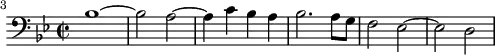 \header {
tagline = ##f
}
\score {
\new Staff \with {
}
<<
\relative c' {
\key bes \major
\time 2/2
\tempo 2 = 80
\override TupletBracket #'bracket-visibility = ##f
%\autoBeamOff
\set Score.currentBarNumber = #3
\bar ""
\set Staff.midiInstrument = #"French horn"
%%% AB 5-1 intro
\clef bass bes1~ bes2 a~ a4 c bes a bes2. a8 g f2 ees2~ ees d2
}
>>
\layout {
\context { \Score \remove "Metronome_mark_engraver"
}
}
\midi {}
}