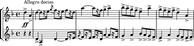 
\version "2.18.2"
\header {
  tagline = ##f
}
global= {
  \time 4/4
  \key d \minor
  \tempo 4 = 122
}

tema = { d4-> a-> | d~ d8[ r16 e16] \acciaccatura g8 f8[ r16 e16] f8[ r16 d16] | a'4~ a8[ r16 f16] g4-> a-> |
        bes8-> a-> g-> f-> e4-> a-> | g8-> f-> e-> f-> }

soprano = \new Voice \relative c'' {
  \set Staff.instrumentName = #""
  \clef treble

      s8*0^\markup{Allegro deciso}_\ff
  { \partial 2 
    \tema  d4-> a->
  }

   % \addlyrics { bla- bla }
}

alto = \new Voice \relative c' {
  \set Staff.instrumentName = #""
  \clef treble

     r4 r4 | \tema

}

\score {
  \new StaffGroup <<
    \new Staff << \global \soprano >>
    \new Staff << \global \alto >>
  >>
  \layout {
      #(layout-set-staff-size 17)
    \context {
      \Score
      \override SpacingSpanner.common-shortest-duration = #(ly:make-moment 1/2)
      \remove "Metronome_mark_engraver"
    }
  }
  \midi { }
}
