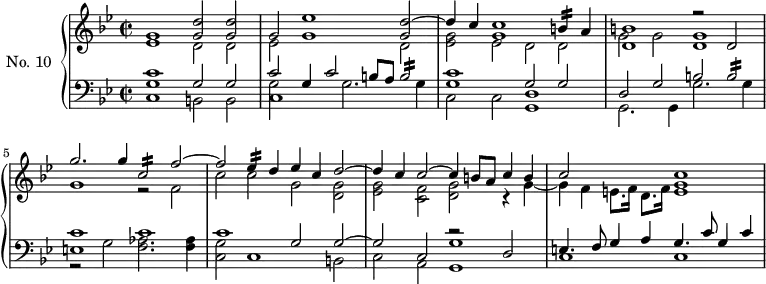 \version "2.18.2"
\header {
tagline = ##f
}
Mordbblanche = { \tag #'print { b2:16 } \tag #'midi { b16 a b4. } }
Mordbnoire = { \tag #'print { b4:16 } \tag #'midi { b32 a b8. } }
Mordcblanche = { \tag #'print { c,2:16 } \tag #'midi { c16 bes c4. } }
Mordenoire = { \tag #'print { ees4:16 } \tag #'midi { ees32 d ees8. } }
Mordecrochept = { \tag #'print { e8. } \tag #'midi { e32 d e8 } }
upper = \relative c'' {
\clef treble
\key bes \major
\time 4/2
\set Staff.timeSignatureFraction = 2/2
\autoBeamOff
\tempo 2 = 55
\set Staff.midiInstrument = #"harpsichord"
<< { g1 << d'2 g, >> << d'2 g, >> } \\ { ees1 d2 d } >>
<< { g2 ees'1 << d2~ g, >> } \\ { ees2 g1 d2 } >>
<< { d'4 c << c1 g1 >> \Mordbnoire a4 } \\ { << g2 ees2 >> ees2 d2 d } >>
<< { << b'1 d,1 >> r2 d2 } \\ { g2 g2 << g1 d1 >> } >>
<< { g'2. g4 \Mordcblanche f2~ } \\ { g,1 r2 f } >>
<< { f'2 \Mordenoire d4 ees c d2~ } \\ { c2 c g << g d >> } >>
<< { d'4 c c2~ c4 b8 a c4 b } \\ { << g2 ees2 >> << f2 c >> << g' d >> r4 g4~ } >>
<< { c2 s2 << c1 g1 >> } \\ { g4 f \Mordecrochept f16 d8. f16 e1 } >>
}
lower = \relative c {
\clef bass
\key bes \major
\time 4/2
\set Staff.timeSignatureFraction = 2/2
\set Staff.midiInstrument = #"harpsichord"
<< { << c'1 g >> g2 g } \\ { c,1 b2 b } >>
<< { c'2 g4 c2 b8 a \Mordbblanche } \\ { << g2 c,1 >> g'2. g4 } >>
<< { << c1 g >> g2 g } \\ { c,2 c << d1 g, >> } >>
<< { d'2 g b \Mordbblanche } \\ { g,2. g4 g'2. g4 } >>
<< { c1 c } \\ { r2 g << aes2. f2. >> << aes4 f4 >> } \\ { e1 } >>
<< { c'1 g2 g~ } \\ { << g2 c, >> c1 b2 } >>
<< { g'2 c, g'1 } \\ { c,2 a g1 } \\ { s1 r2 d'2 } >>
<< { e4. f8 g4 a g4. c8 g4 c4 } \\ { c,1 c1 } >>
}
thePianoStaff = \new PianoStaff <<
\set PianoStaff.instrumentName = #"No. 10"
\new Staff = "upper" \upper
\new Staff = "lower" \lower
>>
\score {
\keepWithTag #'print \thePianoStaff
\layout {
\context {
\Score
\remove "Metronome_mark_engraver"
}
}
}
\score {
\keepWithTag #'midi \thePianoStaff
\midi { }
}