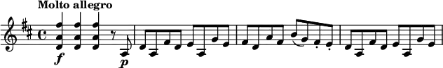 \relative c' {
\version "2.18.2"
\key d \major
\tempo "Molto allegro"
\tempo 4 = 140
<d a' fis'>4\f q q r8 a\p |
d8 a fis' d e a, g' e |
fis8 d a' fis b( g) fis-. e-. |
d8 a fis' d e a, g' e |
}