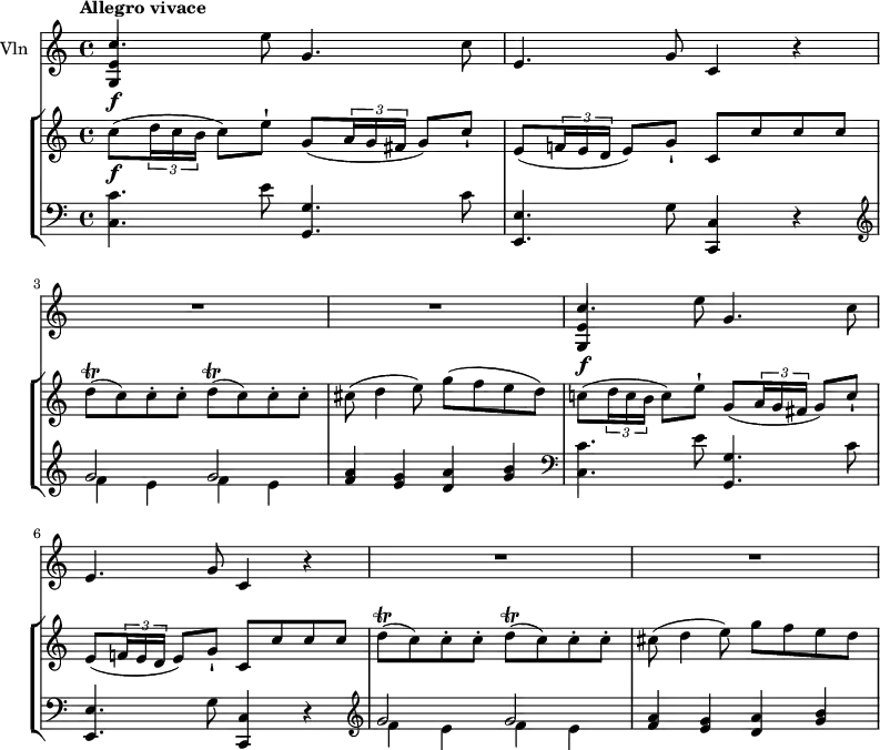 \new GrandStaff <<
\new StaffGroup <<
\new Staff {
\version "2.18.2"
\tempo "Allegro vivace"
\clef treble
\key c \major
\time 4/4
\tempo 4 = 130
\relative c'' {
c8 \f (\tuplet 3/2 {d16 c b} c8) e-! g,8 (\tuplet 3/2 {a16 g fis} g8) c-!
e,8 (\tuplet 3/2 {f!16 e d} e8) g-! c, c' c c
d\trill (c) c-. c-. d\trill (c) c-. c-.
cis (d4 e8) g (f e d)
c!8 (\tuplet 3/2 {d16 c b} c8) e-! g,8 (\tuplet 3/2 {a16 g fis} g8) c-!
e,8 (\tuplet 3/2 {f!16 e d} e8) g-! c, c' c c
d\trill (c) c-. c-. d\trill (c) c-. c-.
cis (d4 e8) g (f e d
}
}
\new Staff {
\clef bass
\key c \major
\time 4/4
\relative c'' {
<c,, c'>4. e'8 <g,, g'>4. c'8
<e,, e'>4. g'8 <c,, c'>4 r
\clef treble
<<{\stemDown f''4 e f e} \\ {\stemUp g2 g}>>
<f a>4 <e g> <d a'> <g b>
\clef bass
<c,, c'>4. e'8 <g,, g'>4. c'8
<e,, e'>4. g'8 <c,, c'>4 r
\clef treble
<<{\stemDown f''4 e f e} \\ {\stemUp g2 g}>>
<f a>4 <e g> <d a'> <g b>
}
}
>>
\new Staff { \set Staff.instrumentName = "Vln"
\relative c'' {
\key c \major
\time 4/4
<<{<g, e'>4\f s8} \\ {\stemUp c'4.}>> e8 g,4. c8
e,4. g8 c,4 r R1 R1
<<{<g e'>4\f s8} \\ {\stemUp c'4.}>> e8 g,4. c8
e,4. g8 c,4 r R1 R1
}
}
>>
