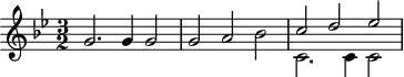 \header {
tagline = ##f
}
\score {
\new Staff \with {
}
<<
\relative c'' {
\key bes \major
\time 3/2
\override TupletBracket #'bracket-visibility = ##f
\autoBeamOff
%%%%%%%%%%%%%%%%%%%%%%%%%% K20
g2. g4 g2 g a bes
<< { c d ees } \\ { c,2. c4 c2 } >>
}
>>
\layout {
\context {
\remove "Metronome_mark_engraver"
}
}
\midi {}
}