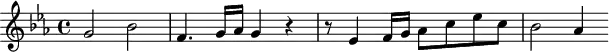 
\header {
  tagline = ##f
}

\score {
  \new Staff \with {

  }
<<
  \relative c'' {
    \key ees \major
    \time 4/4
    \tempo 4 = 80
    \override TupletBracket #'bracket-visibility = ##f 
    %\autoBeamOff
    \set Staff.midiInstrument = #"string ensemble 1"

     %%%%%%%%%%%%%%%%%%%%%%%%%% AB 3-2 th1
     g2 bes f4. g16 aes g4 r4 r8 ees4 f16 g aes8 c ees c bes2 aes4 

  }
>>
  \layout {
    \context { \Score \remove "Metronome_mark_engraver"
    }
  }
  \midi {}
}
