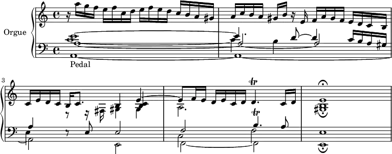 
\version "2.18.2"
\header {
  tagline=##f
}

Trilldq={ \tag #'print { d4.\trill } \tag #'midi { \repeat unfold 4 { e32 d~ } d8 } }
Trillbq={ \tag #'print { b4.\trill } \tag #'midi { \repeat unfold 4 { c32 b~ } b8 } }

upper=\relative c'' {
  \clef treble 
  \key c \major
  \time 4/4
  \tempo 4=60
  \tempo "Allegro"
  \set Staff.midiInstrument=#"church organ"

  r16 a'16 g f e f c d e f e d c b a gis a c b a gis b r16 e,16 f a gis f e d c b 
  << { c16 e d c b c8. s4 e4~|e8 f16 e d e c d \Trilldq c16 d e1\fermata } \\ { s4 r8 r16 fis,16 gis4 gis a2. s4 < gis b >1\fermata } \\ { s2 b4 < b c > } >>

}

lower=\relative c' {
  \clef bass
  \key c \major
  \time 4/4
  \set Staff.midiInstrument=#"church organ"
   
   << { e1~ e4. d8~ d4 c16 b a gis a4 s8 e8 e2 f \Trillbq a8 e1 } \\ { s4*0-\markup{Pedal} a,1~ a~ a2 e f~ f e1\fermata } \\ { a'1_~ a2_~ a } \\ { c1~ c4 b s2 e,4 e8\rest s8 s2 c2 f } >> \bar "|"
}

thePianoStaff=\new PianoStaff <<
    \set PianoStaff.instrumentName=#"Orgue"
    \new Staff="upper" \upper
    \new Staff="lower" \lower
  >>

\score {
  \keepWithTag #'print \thePianoStaff
  \layout {
      #(layout-set-staff-size 17)
    \context {
      \Score
      \override SpacingSpanner.common-shortest-duration=#(ly:make-moment 1/2)
      \remove "Metronome_mark_engraver"
    }
  }
}

\score {
  \keepWithTag #'midi \thePianoStaff
  \midi { }
}
