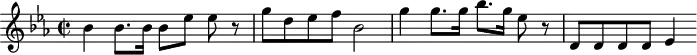 
\version "2.18.2"
\header {
  tagline = ##f
}

\score {
  \new Staff \with {

  }
<<
  \relative c'' {
    \key ees \major
    \time 2/2  
    \tempo 2 = 45
    \override TupletBracket #'bracket-visibility = ##f 

     %%Mozart — Concerto 24, mvt 2, th. 1
     bes4 bes8. bes16 bes8[ ees] ees r8 g8 d ees f bes,2 g'4 g8. g16  bes8.[ g16] ees8 r8 d,8 d d d ees4

  }
>>
  \layout {
     \context { \Score \remove "Metronome_mark_engraver" }
  }
  \midi {}
}
