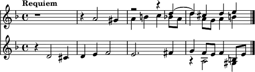 <<
\new Staff = "up" \with {
midiInstrument = "clarinet"
}\relative c' {
\clef treble
\key d \minor
\time 4/4
\tempo "Requiem"
\tempo 4 = 50
r1
r4 a'2 gis4
<<{
r2 r4 d'4(
d4) cis d e
} \\ {
a,4 b4 c bes8 a8
d4 a8 g8 a4 b4
}>>
\bar "|."
}
\new Staff = "down" \with {
midiInstrument = "bassoon"
} \relative c' {
\clef treble
\key d \minor
\time 4/4
r4 d2 cis4
d4 e4 f2
e2. fis4
<<{
g4 f8 e8 f4 b,8 e8
} \\ {
r4 a,2 gis4
}>>
}
>>