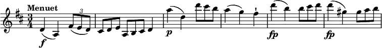 \relative c'' {
\version "2.18.2"
\key d \major
\time 3/4
\tempo "Menuet"
\tempo 4 = 100
d,4 \f (a) \tuplet 3/2 { fis'8 (e d) } \scaleDurations 2/3 { cis8 d e } \scaleDurations 2/3 {a,8 b cis} d4
a''4\p (d,) \scaleDurations 2/3 { d'8 cis b }
a4 (g) fis-!
d'4\fp (b) \scaleDurations 2/3 { b8 cis d }
d4\fp (gis,) \scaleDurations 2/3 { gis8 a b }
}