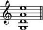 \header {
tagline = ##f
}
\score {
\new Staff \with {
\remove "Time_signature_engraver"
}
\relative c'' {
\key c \major
\time 9/1
\tempo 1 = 60
\autoBeamOff
\clef treble
\override Rest #'style = #'classical
<< g,1 d' a' e' >>
\bar "||"
}
\layout {
\context {
\Score
\remove "Metronome_mark_engraver"
}
}
\midi {}
}