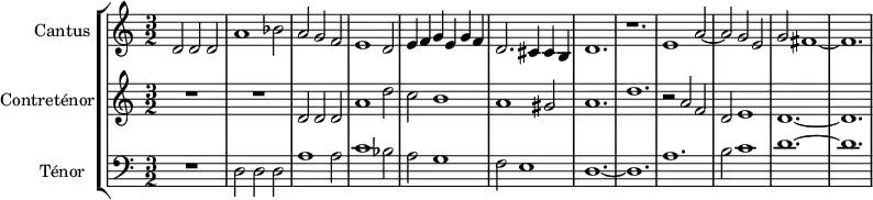 \version "2.18.2"
\header {
tagline = ##f
}
global= {
\time 3/2
\key c \major
}
Cantus = \new Voice \relative c' {
\set Staff.instrumentName = #"Cantus"
\set Staff.midiInstrument = #"piccolo" %orchestral harp"
\tempo 2 = 120
d2 d d a'1 bes2 a g f e1 d2 e4 f g e g f d2. cis4 cis b d1. r1. |
e1 a2~ a g e g fis1~ fis1.
%\addlyrics { Ver- ge- ne bel- la che_ di sol ve- sti----- ta co--- ro- na- ta-- } % impossible de mettre le texte pour l'instant...
}
Contretenor = \new Voice \relative c' {
\set Staff.instrumentName = #"Contreténor"
\clef treble
\set Staff.midiInstrument = #"orchestral harp" %recorder"
R1.*2 d2 d d a'1 d2 c b1 a gis2 a1. d |
r2 a2 f d e1 d1.~ d
}
Tenor = \new Voice \relative c {
\set Staff.instrumentName = #"Ténor"
\clef bass
\set Staff.midiInstrument = #"dulcimer"
R1. d2 d d a'1 a2 c1 bes2 a g1 f2 e1 d1.~ d |
a'1. b2 c1 d1.~ d
}
\score {
\new StaffGroup <<
\new Staff << \global \Cantus >>
\new Staff << \global \Contretenor >>
\new Staff << \global \Tenor >>
>>
\layout {
\context {
\Score
\remove "Metronome_mark_engraver"
\override SpacingSpanner.common-shortest-duration = #(ly:make-moment 1/2)
}
}
\midi { }
}