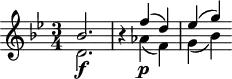 \header {
tagline = ##f
}
\score {
\new Staff \with {
}
<<
\relative c'' {
\key bes \major
\time 3/4
\override TupletBracket #'bracket-visibility = ##f
\autoBeamOff
%%%%%%%%%%%%%%%%%%%%%%%%%% K45b
<< { bes2. } \\ { d,2.\f } >>
r4
<< { f'4( d) ees( g) } \\ { aes,4\p( f) g( bes) } >>
}
>>
\layout {
\context {
\remove "Metronome_mark_engraver"
}
}
\midi {}
}