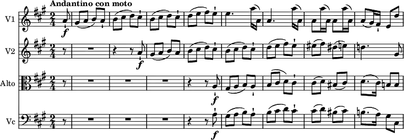 <<
\new Staff \with { instrumentName = #"V1 "} \relative c'' {
\version "2.18.2"
\clef treble
\key a \major
\tempo "Andantino con moto"
\time 2/4
\tempo 4 = 70
\partial 8 a8-! \f
gis (a b) a-!
b (cis d) cis-!
b (cis d) cis-!
d (e fis) e-!
e4. a16 (a,)
a4. a'16 (a,)
a8 a'16 (a,) a8 a'16 (a,)
a8 (gis16) fis-! e8 d'
}
\new Staff \with { instrumentName = #"V2 "} \relative c'' {
\clef treble
\key a \major
\time 2/4
\partial 8 r8 R2 r4 r8 a8-! \f
gis (a b) a
b (cis d) cis-!
b (cis d) cis-!
d (e fis) e-!
eis (fis) dis (e!)
d!4. gis,8
}
\new Staff \with { instrumentName = #"Alto "} \relative c'' {
\key a \major
\clef alto
\time 2/4
\partial 8 r8 R2 R2 R2 r4 r8 a,8-! \f
gis (a b) a-!
b (cis d) cis-!
cis (d) bis (cis)
d8. (cis16) b!8 b
}
\new Staff \with { instrumentName = #"Vc "} \relative c'' {
\key a \major
\clef bass
\time 2/4
\partial 8 r8 R2 R2 R2 r4 r8 a,8-! \f
gis (a b) a-!
b (cis d) cis-!
cis (d) bis (cis)
b!8. (a16) gis8 cis,
}
>>
