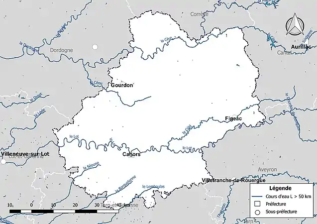 Carte des cours d'eau de longueur supérieure à 50&nbsp;km du Lot.