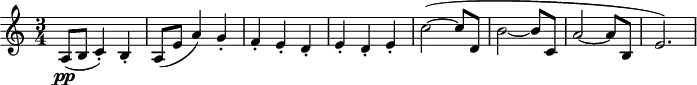 
\header {
  tagline = ##f
}

\score {
  \new Staff \with {

  }
<<
  \relative c'' {
    \clef treble
    \key c \major
    \time 3/4
    \tempo 4 = 135
    \override TupletBracket #'bracket-visibility = ##f
    %\autoBeamOff
    \set Staff.midiInstrument = #"string ensemble 1"

     %%% AB 7-3 th1
     a,8\pp( b c4-.) b-. a8( e' a4) g-. f-. e-. d-. e-. d-. e-. c'2~( c8 d, b'2~ b8 c, a'2~ a8 b, e2.)

  }
>>
  \layout {
    \context { \Score \remove "Metronome_mark_engraver"
    }
  }
  \midi {}
}
