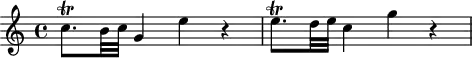 
\header {
  tagline = ##f
}

\score {
  \new Staff \with {

  }
<<
  \relative c'' {
    \key c \major
    \time 4/4
    \override TupletBracket #'bracket-visibility = ##f 
    \autoBeamOff

     %%%%%%%%%%%%%%%%%%%%%%%%%% K6
     c8.\trill[ b32 c] g4 e' r4 e8.\trill[ d32 e] c4 g' r4

  }
>>
  \layout {
    \context {
      \remove "Metronome_mark_engraver"
    }
  }
  \midi {}
}
