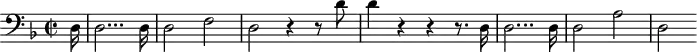 
\header {
  tagline = ##f
}

\score {
  \new Staff \with {

  }
<<
  \relative c {
    \clef treble
    \key f \major
    \time 2/2
    \tempo 2 = 55
    \override TupletBracket #'bracket-visibility = ##f 
    %\autoBeamOff
    \set Staff.midiInstrument = #"string ensemble 1"

     %%%%%%%%%%%%%%%%%%%%%%%%%% AB 9-1 intro
     \partial 16 \clef bass d16 d2... d16 d2 f d r4 r8 d'8 d4 r4 r4 r8. d,16 d2... d16 d2 a' d, 

  }
>>
  \layout {
    \context { \Score \remove "Metronome_mark_engraver"
    }
  }
  \midi {}
}
