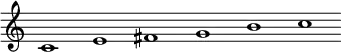 \relative c' {\override Score.BarLine.stencil = ##f \override Score.TimeSignature.stencil = ##f c1 e fis g b c}