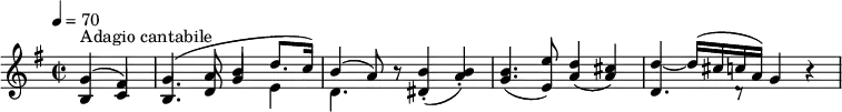 \version "2.18.2"
\new Staff \with {midiInstrument = #"violin"} {
\relative c'{
\key g \major
\time 2/2
\tempo 4 = 70
\tempo "Adagio cantabile"
\partial 2 <<{b4 c b4. d8 g4 \stemDown e d4. } \\ { \stemUp g4 ^ \markup {Adagio cantabile} ^ (fis) g4. ^ (a8 b4 d8. c16) b4 ^(a8) }>> r8
<<dis,4 (b'-.>> <<a b-.)>> <<g4. (b>> <<e,8 e')>> \stemUp <<a,4 (d>> <<a4 cis)>>
<<{d,4. d8\rest } \\ { \stemUp d'4 ~ d16 ^(cis c a)}>> g4 r
}
}
\midi {
\context {
\Score
}
}