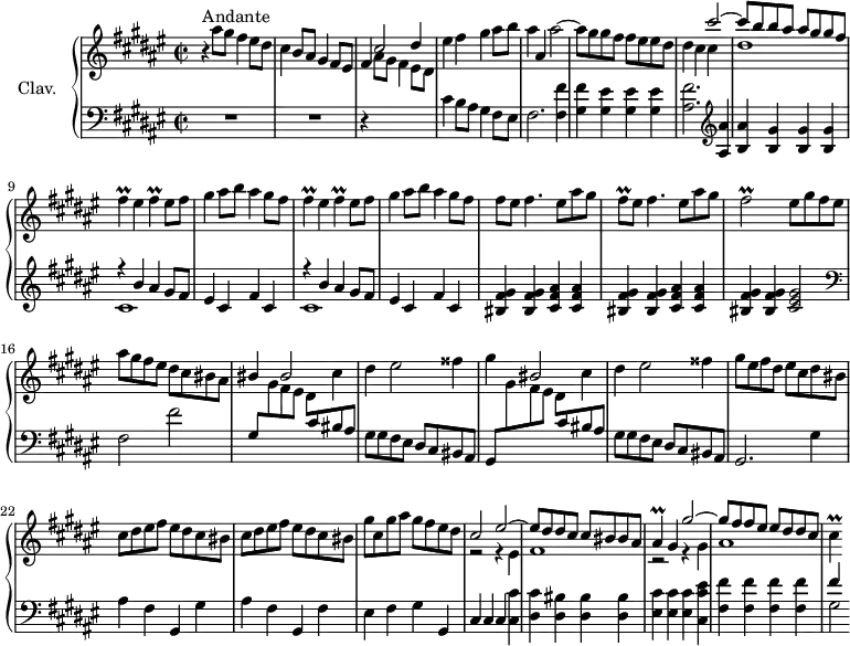 
\version "2.18.2"
\header {
  tagline = ##f
}

%% les petites notes
trillFis = { \tag #'print { fis4\prall } \tag #'midi { gis32 fis gis fis~ fis8 } }
trillFisL = { \tag #'print { fis2\prall } \tag #'midi { gis32 fis gis fis~ fis8~ fis4 } }
trillFisq = { \tag #'print { fis8\prall } \tag #'midi { gis32 fis gis fis } }
trillAis = { \tag #'print { ais4\prall } \tag #'midi { bis32 ais bis ais~ ais8~ } }
trillCis = { \tag #'print { cis4\prall } \tag #'midi { dis32 cis dis cis~ cis8~ } }

upper = \relative c'' {
  \clef treble 
  \key fis \major
  \time 2/2
  \tempo 4 = 120
  \set Staff.midiInstrument = #"harpsichord"
  \override TupletBracket.bracket-visibility = ##f


     s8*0^\markup{Andante}
     r4 ais'8 gis fis4 eis8 dis | cis4 b8 ais gis4 fis8 eis | fis4 \stemUp cis'2 dis4 | \stemNeutral eis fis gis ais8 b |
     % ms. 5
     ais4 ais, ais'2~ | ais8 gis gis fis  fis eis eis dis | dis4 cis << { cis'2~ | cis8 b b ais ais gis gis fis } \\ { cis4 s4 | dis1 } >>
     % ms. 9
     \repeat unfold 2 { \trillFis eis4 \trillFis eis8 fis | gis4 ais8 b ais4 gis8 fis } | 
     % ms. 13
     fis8 eis fis4. eis8 ais gis | \trillFisq eis8 fis4. eis8 ais gis | \trillFisL eis8 gis fis eis | ais gis fis eis dis cis bis ais |
     % ms. 17
     \stemUp bis4 bis2 \stemNeutral cis4 | dis eis2 fisis4 | gis \stemUp bis,2 \stemNeutral cis4 |
     % ms. 20
     dis4 eis2 fisis4 | gis8 eis fis dis eis cis dis bis | \repeat unfold 2 { cis dis eis fis eis dis cis bis } |
     % ms. 24
     gis'8 cis, gis' ais gis fis eis dis | << { cis2 eis~ | eis8 dis dis cis cis bis bis ais | \trillAis gis4 gis'2~ | gis8 fis fis eis eis dis dis cis } \\ { r2 r4 eis,4 | fis1 | r2 r4 gis4 | ais1 } >> 
     % ms. 29
     \trillCis

}

lower = \relative c' {
  \clef bass
  \key fis \major
  \time 2/2
  \set Staff.midiInstrument = #"harpsichord"
  \override TupletBracket.bracket-visibility = ##f
  \omit TupletNumber

    % **************************************
     R1*2 | r4 \stemDown \change Staff = "upper" ais'8 gis fis4 eis8 dis | \stemNeutral \change Staff = "lower" cis4 b8 ais gis4 fis8 eis |
     % ms. 5
     fis2. < fis fis' >4 | < gis fis' > < gis eis' > q q | < ais fis' >2.   \clef treble  < ais ais' >4 < b ais' > < b gis' > q q |
     % ms. 9
     \repeat unfold 2 { << { r4 b' ais gis8 fis | eis4 cis fis cis } \\ { cis1 } >> }
     % ms. 13
     \repeat unfold 2 { < bis fis' gis >4 q < cis fis ais > q } | < bis fis' gis >4 q < cis eis gis >2 |   \clef bass fis,2 fis' |
     % ms. 17
     gis,8 \stemDown \change Staff = "upper" gis'8 fis eis dis \stemNeutral \change Staff = "lower" cis8 bis ais |
     % ms. 20
     gis8 gis fis eis dis cis  bis ais | gis8 \stemDown \change Staff = "upper" gis''8 fis eis dis \stemNeutral \change Staff = "lower" cis8 bis ais | gis8 gis fis eis dis cis  bis ais | gis2. \repeat unfold 2 { gis'4 | ais4 fis gis, } fis'4 |
     % ms. 24
     eis4 fis gis gis, | cis cis cis < cis cis' > < dis cis' > < dis bis' > q q | < eis cis' > q q < cis eis' cis > | 
     % ms. 28
     < fis fis' >4 q q q | << { fis'4 } \\ { gis,2 } >>

}

thePianoStaff = \new PianoStaff <<
    \set PianoStaff.instrumentName = #"Clav."
    \new Staff = "upper" \upper
    \new Staff = "lower" \lower
  >>

\score {
  \keepWithTag #'print \thePianoStaff
  \layout {
      #(layout-set-staff-size 17)
    \context {
      \Score
     \override SpacingSpanner.common-shortest-duration = #(ly:make-moment 1/2)
      \remove "Metronome_mark_engraver"
    }
  }
}

\score {
  \keepWithTag #'midi \thePianoStaff
  \midi { }
}
