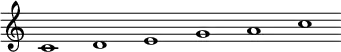 \relative c' {\override Score.BarLine.stencil = ##f \override Score.TimeSignature.stencil = ##f c1 d e g a c}