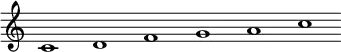\relative c' {\override Score.BarLine.stencil = ##f \override Score.TimeSignature.stencil = ##f c1 d f g a c}
