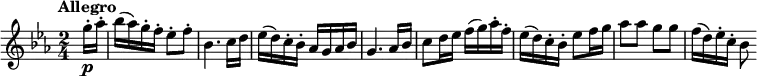 \version "2.14.2"
\relative c'' {
\clef "treble"
\tempo "Allegro"
\key ees \major
\time 2/4
\tempo 4 = 160
\partial 4 \partial 8 g'16-.\p aes-.
bes (aes) g-. f-. ees8-. f-.
bes,4. c16 d
ees (d) c-. bes-. aes g aes bes
g4. aes16 bes
c8 d16 ees f (g) aes-. f-.
ees (d) c-. bes-. ees8 f16 g
aes8 aes g g
f16 (d) ees-. c-. bes8
}