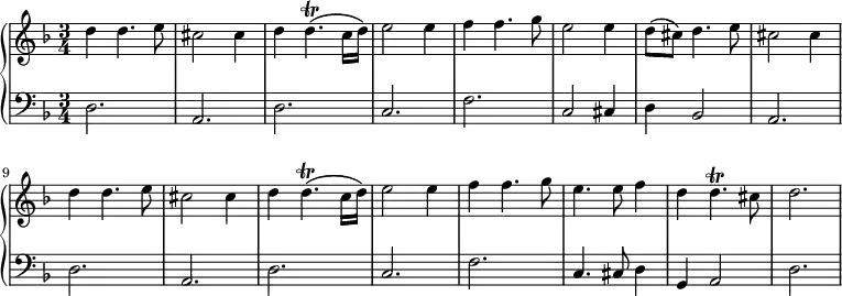 \version "2.18.2"
\new PianoStaff <<
\new Staff {
\key d \minor \time 3/4
d''4 d''4. e''8 cis''2 cis''4
d''4 d''4.\trill\( c''16 d''\) e''2 e''4
f''4 f''4. g''8 e''2 e''4
d''8\( cis''\) d''4. e''8 cis''2 cis''4
d''4 d''4. e''8 cis''2 cis''4
d''4 d''4.\trill\( c''16 d''\) e''2 e''4
f''4 f''4. g''8 e''4. e''8 f''4
d''4 d''4.\trill cis''8 d''2.
}
\new Staff {
\clef bass \key d \minor \time 3/4
d2. a, d c f c2 cis4 d4 b,2 a,2.
d2. a, d c f c4. cis8 d4 g,4 a,2
d2.
}
>>