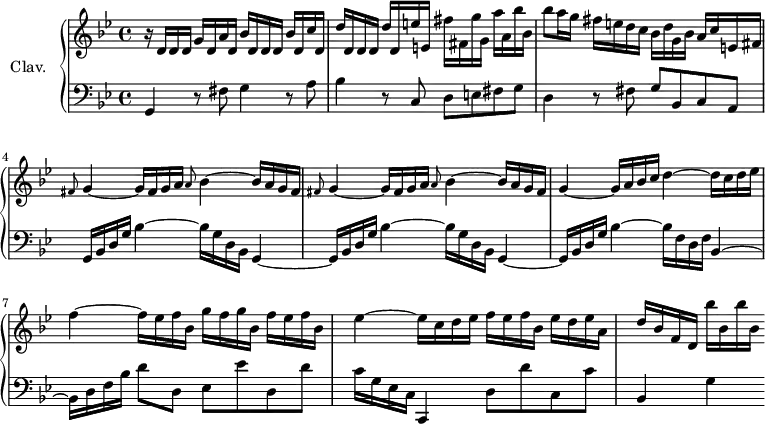 
\version "2.18.2"
\header {
  tagline=##f
}
upper=\relative c' {
  \clef treble 
  \key g \minor
  \time 4/4
  \tempo 4=104
  \tempo "Allegro"
  \set Staff.midiInstrument=#"harpsichord"

  r16 d16 d d g d a' d, bes' d, d d bes' d, c' d,|d' d, d d d' d, e' e, fis' fis, g' g, a' a, bes' bes, bes'8 a16 g fis e d c
  bes16 d g, bes a c e, fis|\repeat unfold 2 { \grace fis8 g4~ g16 fis g a \grace a8 bes4~ bes16 a g fis }|
  g4~ g16 a bes c d4~ d16 c d ees f4~ f16 ees f bes, g' f g bes, f' ees f bes,|ees4~ ees16 c d ees f ees f bes, ees d ees a,|d16 bes f d bes''16 bes, bes' bes,

}

lower=\relative c' {
  \clef bass
  \key g \minor
  \time 4/4
  \set Staff.midiInstrument=#"harpsichord"
   
   g,4 r8 fis'8 g4 r8 a8|bes4 r8 c,8 d e fis g|d4 r8 fis8|g bes, c a|\repeat unfold 2 { g16 bes d g bes4~ bes16 g d bes g4~ }|g16 bes d g bes4~ bes16 f d f bes,4~ bes16 d f bes d8 d, ees ees' d, d'|c16 g ees c c,4 d'8 d' c, c' bes,4 g'
}

\score {
  \new PianoStaff <<
    \set PianoStaff.instrumentName=#"Clav."
    \new Staff="upper" \upper
    \new Staff="lower" \lower
  >>
  \layout {
    #(layout-set-staff-size 18)
    \context {
      \Score
      \override SpacingSpanner.common-shortest-duration=#(ly:make-moment 1/2)
      \remove "Metronome_mark_engraver"
    }
  }
  \midi { }
}
