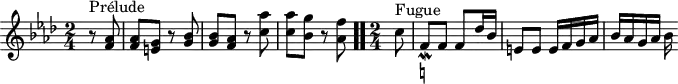 \version "2.18.2"
\header {
tagline = ##f
}
\score {
\new Staff \with {
}
<<
\relative c'' {
\key f \minor
\time 2/4
\set Staff.midiInstrument = #"harpsichord"
%% INCIPIT CBT II-12, BWV 881, fa mineur
\partial 4
r8^\markup{Prélude} < aes f >8 | q < g e > r8 < bes g > | q < aes f > r8 < aes' c, > | q < g bes, > r8 < f aes, > \bar ".."
\time 2/4 \partial 8
c8^\markup{Fugue} f,_\mordent-\markup { \natural } f f des'16 bes e,8 e e16 f g aes bes aes g aes bes
}
>>
\layout {
\context { \Score \remove "Metronome_mark_engraver" }
}
\midi {}
}