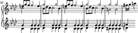 \version "2.18.2"
\header {
tagline = ##f
% composer = "Domenico Scarlatti"
% opus = "K. 144"
% meter = "Cantabile"
}
upper = \relative c'' {
\clef treble
\key f \minor
\time 2/2
\tempo 4 = 90
\set Staff.midiInstrument = #"harpsichord"
\override TupletBracket.bracket-visibility = ##f
\omit Staff.TimeSignature
\bar ""
<< { \repeat unfold 2 { \omit TupletNumber \times 2/3 { e8 g f } f2 e4 | g2 g } | g g } \\ { \repeat unfold 2 { c,2 s2 | \omit TupletNumber \times 2/3 { bes8 des c } c2 bes4 } | a2 a } >> fis'16 g a4
}
lower = \relative c' {
\clef treble
\key f \minor
\time 2/2
\set Staff.midiInstrument = #"harpsichord"
\override TupletBracket.bracket-visibility = ##f
\set Score.currentBarNumber = #36
\omit Staff.TimeSignature
% ************************************** \appoggiatura a16 \repeat unfold 2 { } \times 2/3 { } \omit TupletNumber
<< { \repeat unfold 20 { g' } a } \\ { \repeat unfold 2 { c,4 c c c | des des des des } | cis4 cis cis cis | d } >>
}
thePianoStaff = \new PianoStaff <<
\set PianoStaff.instrumentName = #""
\new Staff = "upper" \upper
\new Staff = "lower" \lower
>>
\score {
\keepWithTag #'print \thePianoStaff
\layout {
indent = #0
#(layout-set-staff-size 17)
\context {
\Score
\override SpacingSpanner.common-shortest-duration = #(ly:make-moment 1/2)
\remove "Metronome_mark_engraver"
}
}
}
\score {
\keepWithTag #'midi \thePianoStaff
\midi { }
}