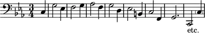 \version "2.14.2"
\header {
tagline = ##f
}
\score {
\new Staff \with {
% \remove "Time_signature_engraver"
% instrumentName = #"BWV 582 "
}
\relative c {
\key c \minor
\time 3/4
\tempo 4 = 82
\autoBeamOff
\clef bass
\override Rest #'style = #'classical
% BWV 582
\partial 4 c4 |
g'2 ees4 | f2 g4 | aes2 f4 | g2 d4 | ees2 b4 | c2 f,4 | g2. | c,2-"etc." \parenthesize c'4 |
}
\layout {
#(layout-set-staff-size 17)
\context {
\Score
\remove "Metronome_mark_engraver"
\override SpacingSpanner.common-shortest-duration = #(ly:make-moment 1/2)
}
}
\midi { \set Staff.midiInstrument = #"church organ"}
}