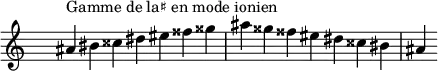 \relative c'' {
\clef treble \time 7/4 \hide Staff.TimeSignature ais4^\markup { Gamme de la♯ en mode ionien } bis cisis dis eis fisis gisis ais gisis fisis eis dis cisis bis ais
}