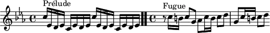 \version "2.18.2"
\header {
tagline = ##f
}
\score {
\new Staff \with {
%fontSize = #-2
}
<<
\relative c'' {
\key c \minor
\time 4/4
\set Staff.midiInstrument = #"harpsichord"
%% INCIPIT CBT I-2, BWV 847, ut mineur
s4*0^\markup{Prélude} \repeat unfold 2 { c16 ees, d ees c ees d ees } \bar ".."
\time 4/4
r8^\markup{Fugue} c'16 b c8 g aes c16 b c8 d g, c16 b c8 d
}
>>
\layout {
#(layout-set-staff-size 17)
\context { \Score \remove "Metronome_mark_engraver"
\override SpacingSpanner.common-shortest-duration = #(ly:make-moment 1/2)
}
}
\midi {}
}
