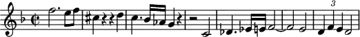 
\header {
  tagline = ##f
}

\score {
  \new Staff \with {

  }
<<
  \relative c'' {
    \key f \major
    \time 2/2
    \tempo 2 = 70
    \override TupletBracket #'bracket-visibility = ##f 
    %\autoBeamOff
    \set Staff.midiInstrument = #"string ensemble 1"

     %%%%%%%%%%%%%%%%%%%%%%%%%% AB 3-1 th3
     f2. e8 f cis4 r4 r4 d4 c4. bes16 aes g4 r4 r2 c,2 des4. ees16 e f2~f e2 \times 2/3 { d4 f e} d2

  }
>>
  \layout {
    \context { \Score \remove "Metronome_mark_engraver"
 \override SpacingSpanner.common-shortest-duration = #(ly:make-moment 1/2)
    }
  }
  \midi {}
}
