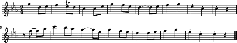 \relative c'' {
\key ees \major
\time 2/4
g'4 d8 ees | f4 ees8\trill d | c4 c8 ees | g4 f8 ees | d4 ~ d8 ees | f4 g | ees-. c-. | c-. r |
r8 f ~ f aes | c4 bes8 aes | g4 ~ g8 ees | g4 f8 ees | d4 d8 ees | f4 g | ees-. c-. | c-. r \bar "|."
}