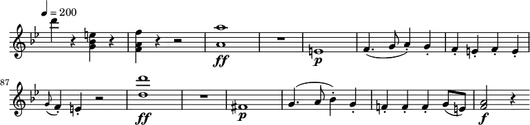 \version "2.18.2"
\relative c'' {
\key bes \major
\time 2/2
\tempo 4 = 200
\omit Staff.TimeSignature
\set Score.currentBarNumber = #80
d'4 r <g,, bes e> r
<f a f'> r r2
<a a'>1\ff R1
e1 \p
f4. (g8 a4-.) g-.
f-. e-. f-. e-.
\grace g8 (f4-.) e-. r2
<d' d'>1\ff R1
fis,1\p
g4. (a8 bes4-.) g-.
f!-. f-. f-. g8 (e) <a f>2\f r4
}