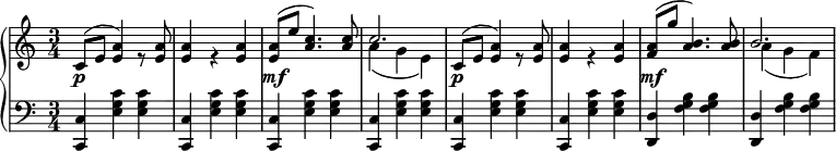 \relative c' {
\new PianoStaff <<
\new Staff { \key a \minor \time 3/4
<<
{
c8( e <e a>4) s8 <e a>8 <e a>4 s4 <e a>4 <e a>8( e' <a, c>4.) <a c>8 c2. c,8( e <e a>4) s8 <e a>8 <e a>4 s4 <e a>4 <f a>8( g' <a, b>4.) <a b>8 b2.
}
\\
{
s8 s s4 r8 s8 s4 r4 s s8 s s4. s8 a4( g e) s8 s s4 r8 s8 s4 r4 s s8 s s4. s8 a4( g f)
}
>>
}
\new Dynamics {
s8\p s s4 s8 s s4 s s s8\mf s s4.s8 s4 s s s8\p s s4 s8 s s4 s s s8\mf
}
\new Staff { \key a \minor \time 3/4 \clef bass
<c, c,>4 <e g c> <e g c> <c c,>4 <e g c> <e g c> <c c,>4 <e g c> <e g c> <c c,>4 <e g c> <e g c> <c c,>4 <e g c> <e g c> <c c,>4 <e g c> <e g c> <d d,>4 <f g b> <f g b> <d d,>4 <f g b> <f g b>
}
>>
}