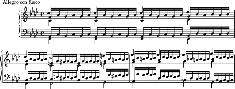 \version "2.18.2"
\header {
tagline = ##f
}
upper = \relative c' {
\clef treble
\key f \minor
\time 4/4
\tempo 4 = 106
%%Montgeroult — Étude 105 (pdf p. 168)
<< { \override NoteColumn.force-hshift = #-0.4 c'4 c c des des c2 e4 f f f g } \\ { \override NoteColumn.force-hshift = #0 \omit TupletNumber \stemUp \repeat unfold 3 { \tuplet 3/2 { f,16 aes g aes g aes } } \repeat unfold 2 { \tuplet 3/2 { g16 bes aes bes aes bes }} \repeat unfold 2 { \tuplet 3/2 { e,16 g fis g fis g }} \tuplet 3/2 { g16 bes a bes a bes } \tuplet 3/2 { aes16 c b c b c } \tuplet 3/2 { aes16 des c des c des } \tuplet 3/2 { g,16 bes a bes a bes } \tuplet 3/2 { bes16 des c des c des } } \\ { \stemDown c,4 c c des des c c e! f f \once \override NoteColumn.force-hshift = #0 g g } >>
}
lower = \relative c {
\clef bass
\key f \minor
\time 4/4
<< { \omit TupletNumber \repeat unfold 3 { \tuplet 3/2 { aes16 c bes c bes c } } \repeat unfold 2 { \tuplet 3/2 { bes des c des c des } } \tuplet 3/2 { c e dis e dis e } \tuplet 3/2 { bes e dis e dis e } \tuplet 3/2 { g,16 g' fis g fis g } } \\ { \repeat unfold 5 { f,4 } f2 g4 } >>
<< { \omit TupletNumber \tuplet 3/2 { aes16 aes' g aes g aes } \tuplet 3/2 { des, f ees f ees f } \tuplet 3/2 { bes, des c des c des } \tuplet 3/2 { g, bes aes bes aes bes} } \\ { aes4 des bes! g } >>
}
\header {
piece = "Allegro con fuoco"
}
\score {
\new PianoStaff <<
\new Staff = "upper" \upper
\new Staff = "lower" \lower
>>
\layout {
\context {
\Score
\remove "Metronome_mark_engraver"
}
}
\midi { }
}