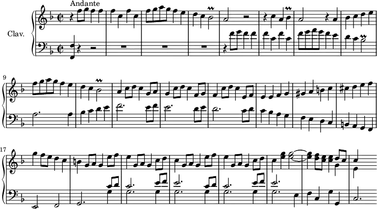 \version "2.18.2"
\header {
tagline = ##f
}
%% les petites notes
trillBes = { \tag #'print { bes2\prall } \tag #'midi { \times 2/3 { c16 bes c bes c bes~ } bes4~ } }
trillBesq = { \tag #'print { bes4\prall } \tag #'midi { \times 2/3 { c16 bes c } bes8~ } }
upper = \relative c'' {
\clef treble
\key f \major
\time 2/2
\tempo 2 = 68
\set Staff.midiInstrument = #"harpsichord"
s8*0^\markup{Andante} r4 f8 g f4 f | f c f c | f8 g a g f4 e | d c \trillBes |
% ms. 5
a2 r2 | r4 c4 a \trillBesq | a2 r4 a4 | bes c d e | f8 g a g f4 e | d c \trillBes |
% ms. 11
a4 c8 d c4 g8 a | g4 c8 d c4 f,8 g | f4 c'8 d c4 e,8 f | e4 e f g |
% ms. 15
gis4 a b c | cis d e f | g f8 e d4 c | b g8 a g4 e'8 f | e4 g,8 a g4 c8 d |
% ms. 20
c4 g8 a g4 e'8 f | e4 g,8 a g4 c8 d | c4 < e g >4 q2~ | q4 < d f >8 < c e > q4 << { d8 c } \\ { g4 } >>
% ms. 24
<< { c4 } \\ { e,4 } >> s2 % poursuivre jusqu'à la mesure 32/reprise
}
lower = \relative c' {
\clef bass
\key f \major
\time 2/2
\set Staff.midiInstrument = #"harpsichord"
% **************************************
% \repeat unfold 2 {
< f,, f' >4 r4 r2 | R1*3 | r4 f''8 g f4 f | f c f c | f8 g a g f4 e | d c \trillBes | a2. a4 |
% ms. 10
bes4 c d e | f2. e8 f | e2. d8 e | d2. c8 d | c4 bes a g | f e d c b a g f | e2 f | g2. << { \repeat unfold 2 { c'8 d | c2. e8 f | e2. } } \\ { \repeat unfold 4 { g,4 | g2. } } >> e4 | f c g' g, | c2.
}
thePianoStaff = \new PianoStaff <<
\set PianoStaff.instrumentName = #"Clav."
\new Staff = "upper" \upper
\new Staff = "lower" \lower
>>
\score {
\keepWithTag #'print \thePianoStaff
\layout {
#(layout-set-staff-size 17)
\context {
\Score
\override SpacingSpanner.common-shortest-duration = #(ly:make-moment 1/2)
\remove "Metronome_mark_engraver"
}
}
}
\score {
\keepWithTag #'midi \thePianoStaff
\midi { }
}