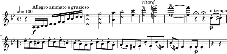 \relative c'' {
\version "2.18.2"
\key bes \major
\time 2/2
\tempo 2 = 100
\tempo "Allegro animato e grazioso"
r4 a,16 \f ^\markup {Allegro animato e grazioso} a bes bes d d f f bes bes d d
<d, bes' f'>2 < ees bes' g'>
<a a'>4 <d bes'>2 <f c'>4
<f d'>2^> ^ \markup {\italic ritard.} <e e'>^> <f f'>1^> ~ <f f'>4 r \fermata r\fermata c8-. \p ^\markup {a tempo} (cis8-.)
\bar ".|:" ees (d) cis-.d-. f-. d-. f-. c-.
c (bes) a-. bes-. d-. bes-. d-. a-.
a (g) fis-. g-. d'-. g,-.
d' (f,) c' (e,) f4 f8-. f-.\p f4-. r r
}