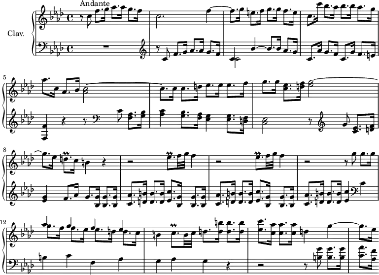 \version "2.18.2"
\header {
tagline = ##f
}
%% les petites notes
trillDqp = { \tag #'print { d8.\prall } \tag #'midi { ees32 d ees d~ d16 } }
trillEesqp = { \tag #'print { ees8.\prall } \tag #'midi { f32 ees f ees~ ees16 } }
trillCqp = { \tag #'print { c8.\prall } \tag #'midi { d32 c d c~ c16 } }
upper = \relative c'' {
\clef treble
\key f \minor
\time 4/4
\tempo 4 = 78
\set Staff.midiInstrument = #"harpsichord"
s8*0^\markup{Andante}
r8 c8 f8. g16 aes8. aes16 g8. f16 | c2. f4~ |
% ms. 3
f8. g16 e8. f16 g8. g16 f8. e16 | c8. c'16 bes8. aes16 bes8. bes16 aes8. g16 | aes8. c,16 aes8. bes16 < aes c >2~
% ms. 6
c8. c16 c8. d16 ees8. ees16 ees8. f16 | g8. g16 < c, ees >8. < d f >16 < ees g >2~ | g8. ees16 \trillDqp c16 b4 r4 |
% ms. 9
\repeat unfold 2 { r2 \trillEesqp f32 g f4 } | r2 r8 g8 g8. g16 |
% ms. 12
<< { aes4 g f ees } \\ { g8. f16 f8. ees16 ees8. d16 d8. c16 } >> | b4 \trillCqp b32 c d8. < d b' >16 q8. q16 | < ees c' >8. < c aes' >16 q8. q16 d4 g4~ |
% m. 15
g8. ees16
}
lower = \relative c' {
\clef bass
\key f \minor
\time 4/4
\set Staff.midiInstrument = #"harpsichord"
% **************************************
R1 | \clef treble r8 c8 f8. g16 aes8. aes16 g8. f16
% ms. 3
<< { c4 bes'4~ bes8. bes16 aes8. g16 } \\ { c,2 } >> c8. aes'16 g8. f16 c8. g'16 f8. e16 | < f, f' >4 r4 r8 \clef bass c'8 < f, aes >8. < g bes >16 |
% ms. 6
< aes c >4 < g bes >8. < f aes >16 < ees g >4 q8. < d f >16 | < c ees >2 r8 \clef treble g''8 < c, ees >8. < d f >16 | < ees g >4 f8. aes16 g8. < bes, g' >16 q8. q16 |
% ms. 9
\repeat unfold 2 { < c aes' >8. < d b' >16 q8. q16 < ees c' >8. < bes g' >16 q8. q16 } | < c aes' >8. < d b' >16 q8. q16 < ees c' >4 \clef bass c4 |
% ms. 12
b4 c f, aes | g aes g r4 |
% ms. 15
r2 r8 < b g' >8 q8. q16 < c aes' >8. < aes f' >16 % Poursuivre les 5 mesures pour finir la section
}
thePianoStaff = \new PianoStaff <<
\set PianoStaff.instrumentName = #"Clav."
\new Staff = "upper" \upper
\new Staff = "lower" \lower
>>
\score {
\keepWithTag #'print \thePianoStaff
\layout {
#(layout-set-staff-size 17)
\context {
\Score
\override SpacingSpanner.common-shortest-duration = #(ly:make-moment 1/2)
\remove "Metronome_mark_engraver"
}
}
}
\score {
\keepWithTag #'midi \thePianoStaff
\midi { }
}