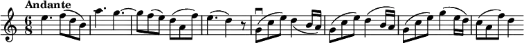 \new Staff \with {midiInstrument = #"violin"} {
\relative c'' {
\key c \major
\numericTimeSignature
\time 6/8
\tempo "Andante"
e4. f8( d b)
a'4. g~
g8 f( e) d( a f')
e4.( d4) r8
g,\downbow( c e) d4_( b16 a)
g8( c e) d4( b16 a)
g8( c e) g4( e16 d)
c8( a f') d4
}
}
\midi {
\context {
\Score
tempoWholesPerMinute = #(ly:make-moment 80 8)
}
}
