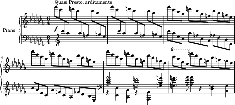 
\version "2.18.2"
\header {
  tagline=##f
}
upper=\relative c'' {
  \clef treble 
  \key aes \minor
  \time 6/4
  \tempo 4=238
  \tempo "Quasi Presto, arditamente"
  \set Staff.midiInstrument=#"acoustic grand"

   s4*0\f^\markup{Quasi Presto, arditamente}
   \repeat unfold 2 {
   aes''8[ ees \change Staff="lower" \stemUp \clef treble  ces8 aes]
   \change Staff="upper" \stemDown f'8[ des \change Staff="lower" \stemUp  aes8 f] 
   \change Staff="upper" \stemDown des'8 bes \change Staff="lower" \stemUp g8 ees|\change Staff="upper" \stemDown
   }
   % ms. 3-4
   \repeat unfold 2 {
   \change Staff="upper" \stemDown aes'8 ees ces aes  f'[ des aes f]  des' bes g ees
   }

   % ms. 5
   aes'8 ees ces aes  f'[ des aes f]  des' bes fes des

   % ms. 6
   \ottava #1
   \set Staff.ottavation=#"8"
   ces''8[ aes ees ces]
   \ottava #0
   f[ des aes f] bes g fes des 
   

}

lower=\relative c' {
  \clef bass
  \key aes \minor
  \time 6/4
  \set Staff.midiInstrument=#"acoustic grand"

  s1*3 \clef treble 
  ces''8[ aes ees ces]  aes'[ f ces aes]  fes'[ des bes ees,]
 
  % ms. 4
  ces'8 aes ees ces  aes'[ f ces  aes] fes' des bes ees,

  % ms. 5
  \clef bass
  << { < aes ces ees aes >2. < f des' f >2 < g bes g' >4 } \\ { r4 < ees, ees' >4 < ces ces' > r4 < aes aes' >4 } >>
  
  % ms. 6
  < g'' ees' g >4. < aes ees' aes >8 q4 r4 < des, f >4 < bes g' >

}

\score {
  \new PianoStaff <<
    \set PianoStaff.instrumentName=#"Piano"
    \new Staff="upper" \upper
    \new Staff="lower" \lower
  >>
  \layout {
    #(layout-set-staff-size 16)
    \context {
      \Score
      \override SpacingSpanner.common-shortest-duration=#(ly:make-moment 1/3)
      \remove "Metronome_mark_engraver"
    }
  }
  \midi { }
}
